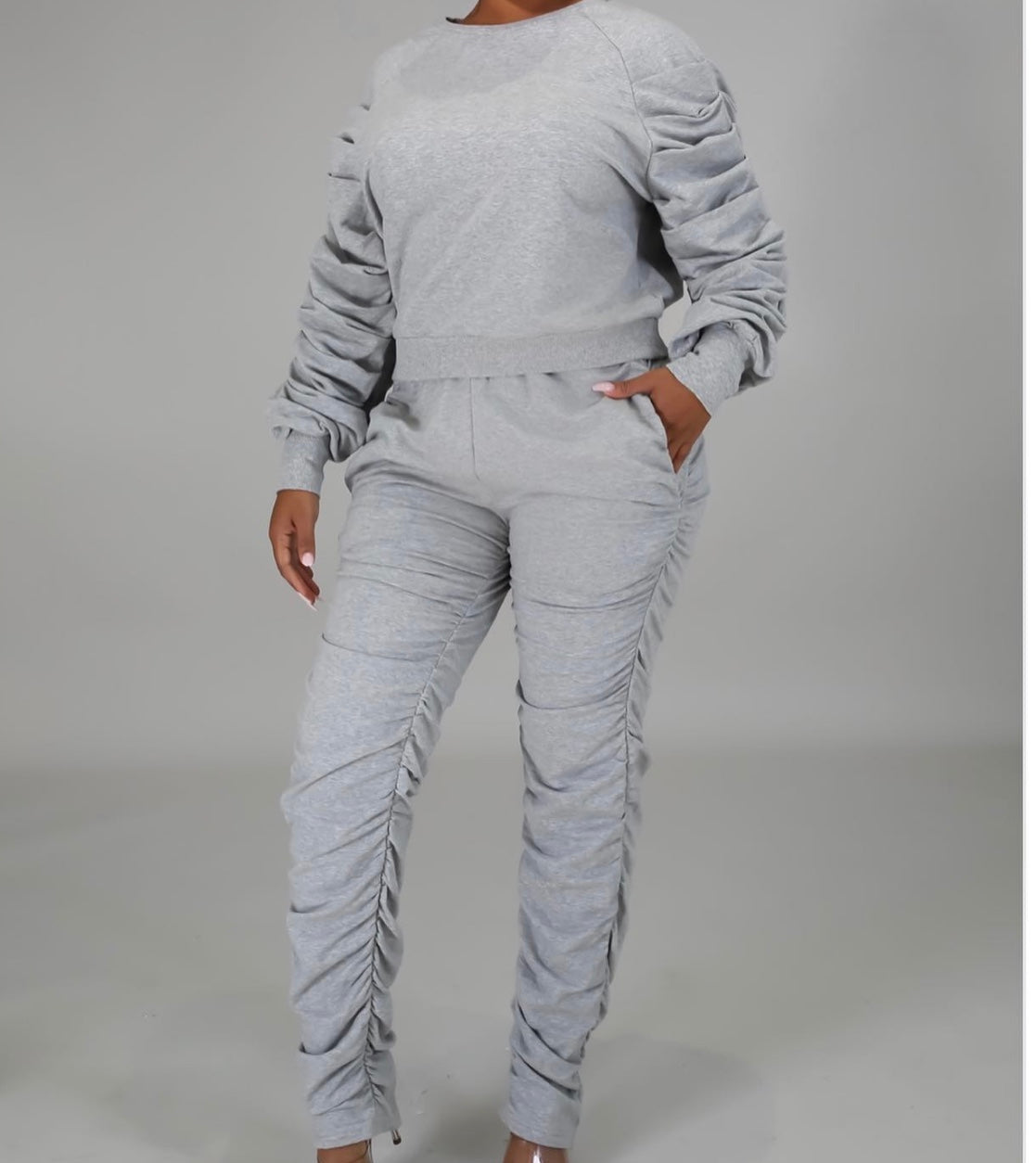 Casual  Grey Ruched Sweatsuit